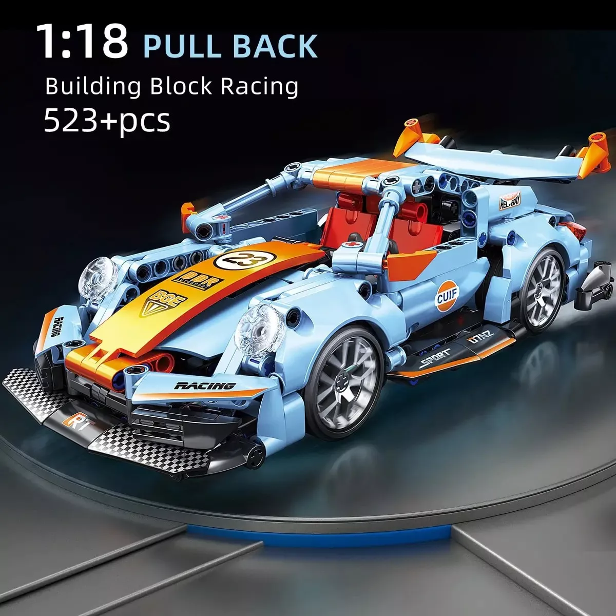 1:18 scale pull-back building block racing car