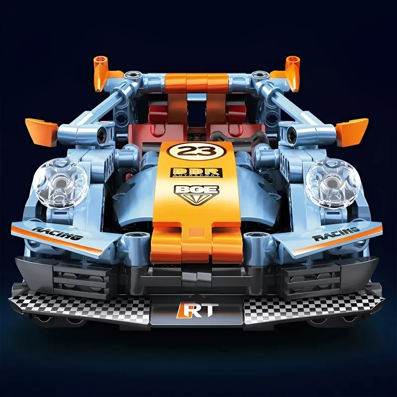 Colorful toy race car with detailed design.