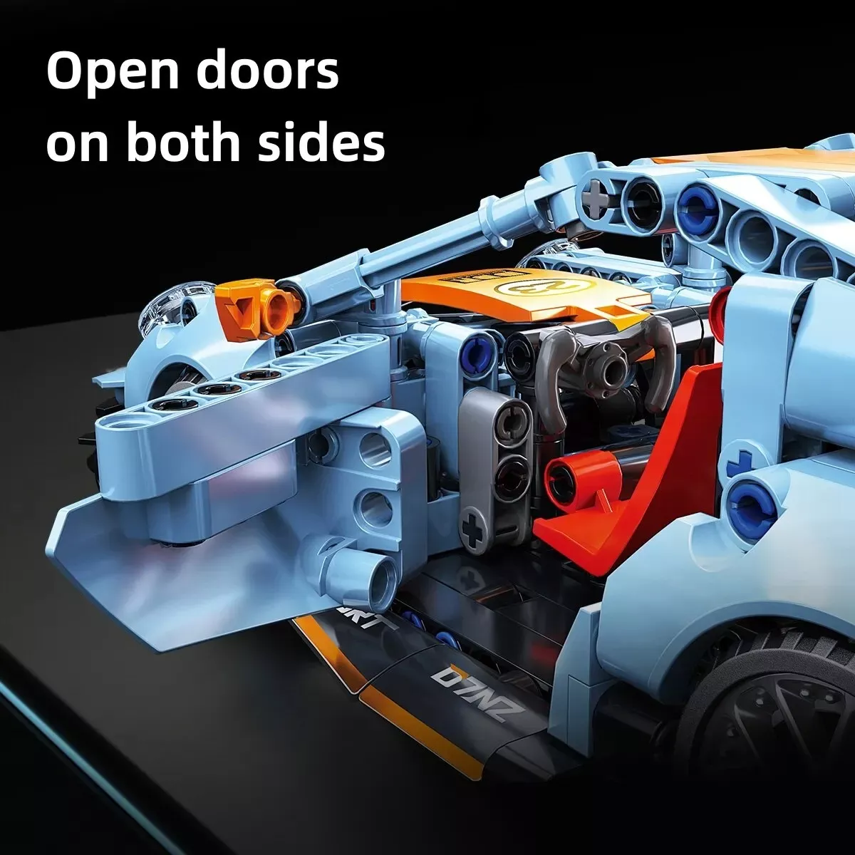 Blue LEGO car model with opening doors.