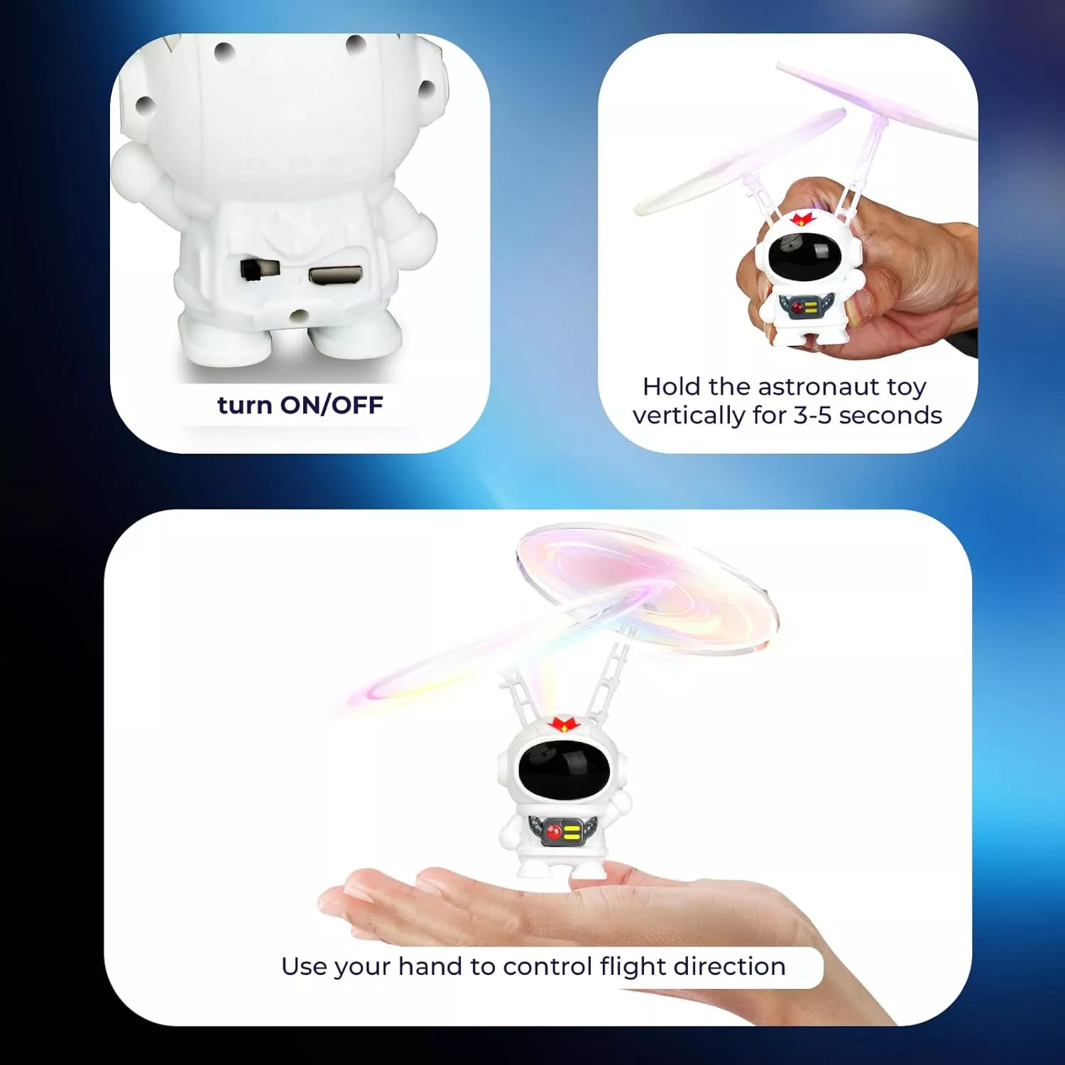 Guide for astronaut flying toy control and activation.