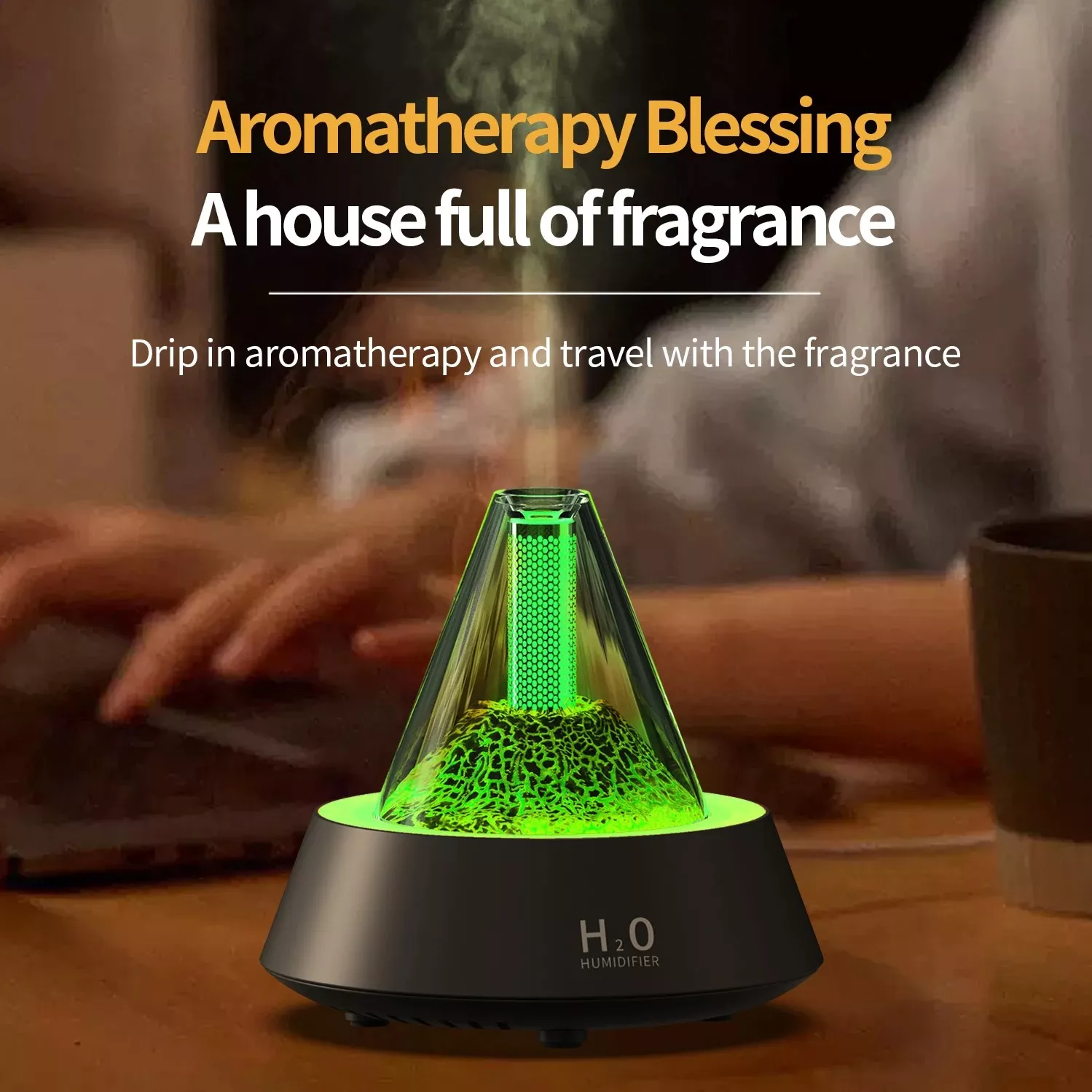 Aromatherapy humidifier emitting fragrance indoors.