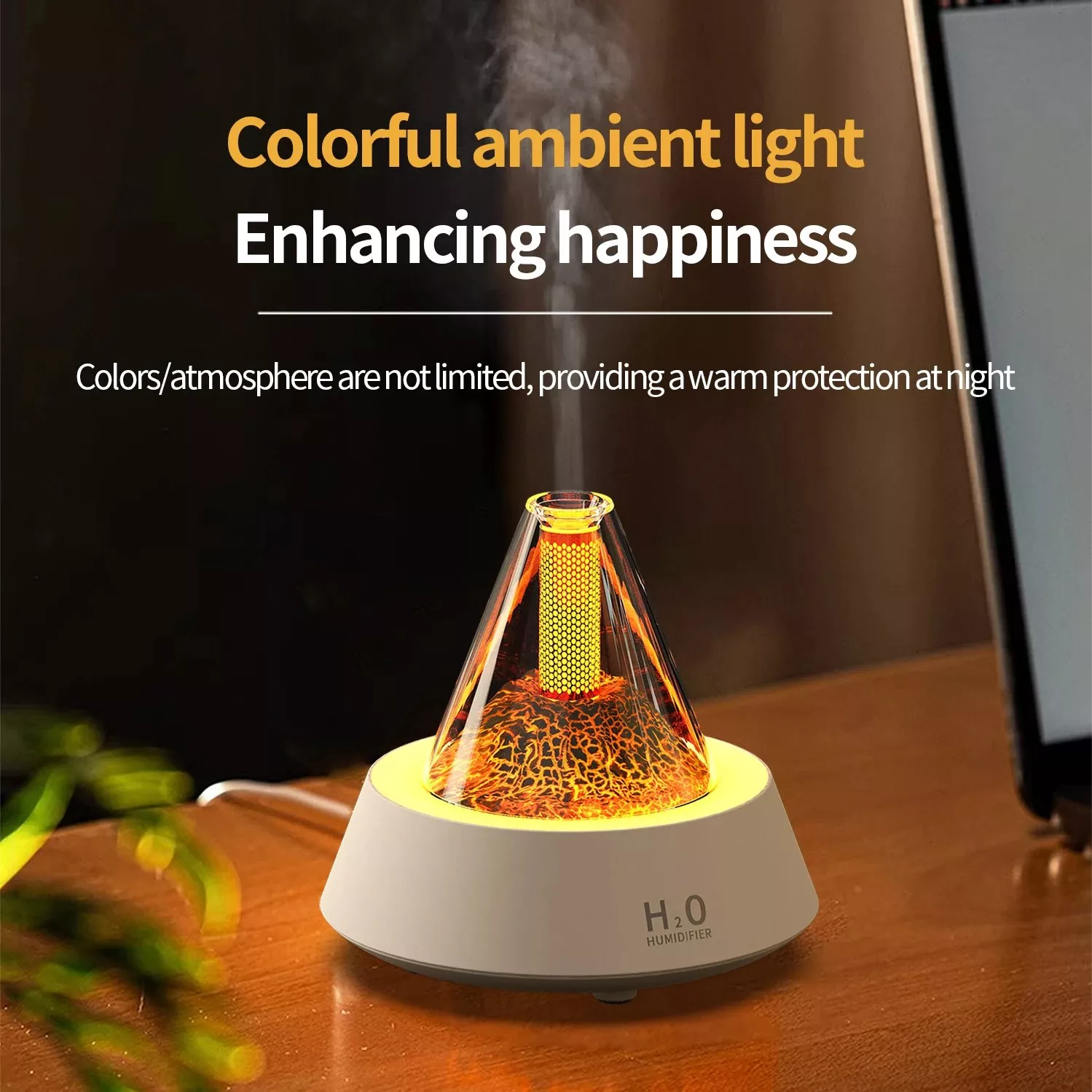 Colorful ambient light humidifier on wooden table.