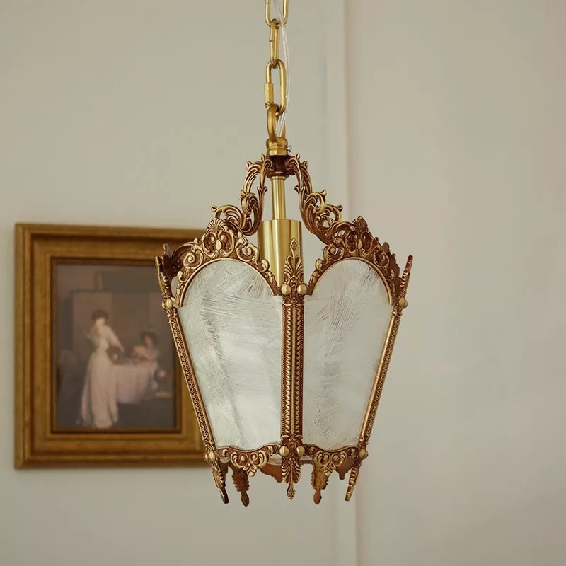 Vintage ornate pendant light with painting background.