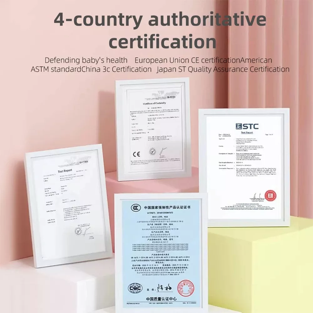 Four-country authoritative baby product certification display.