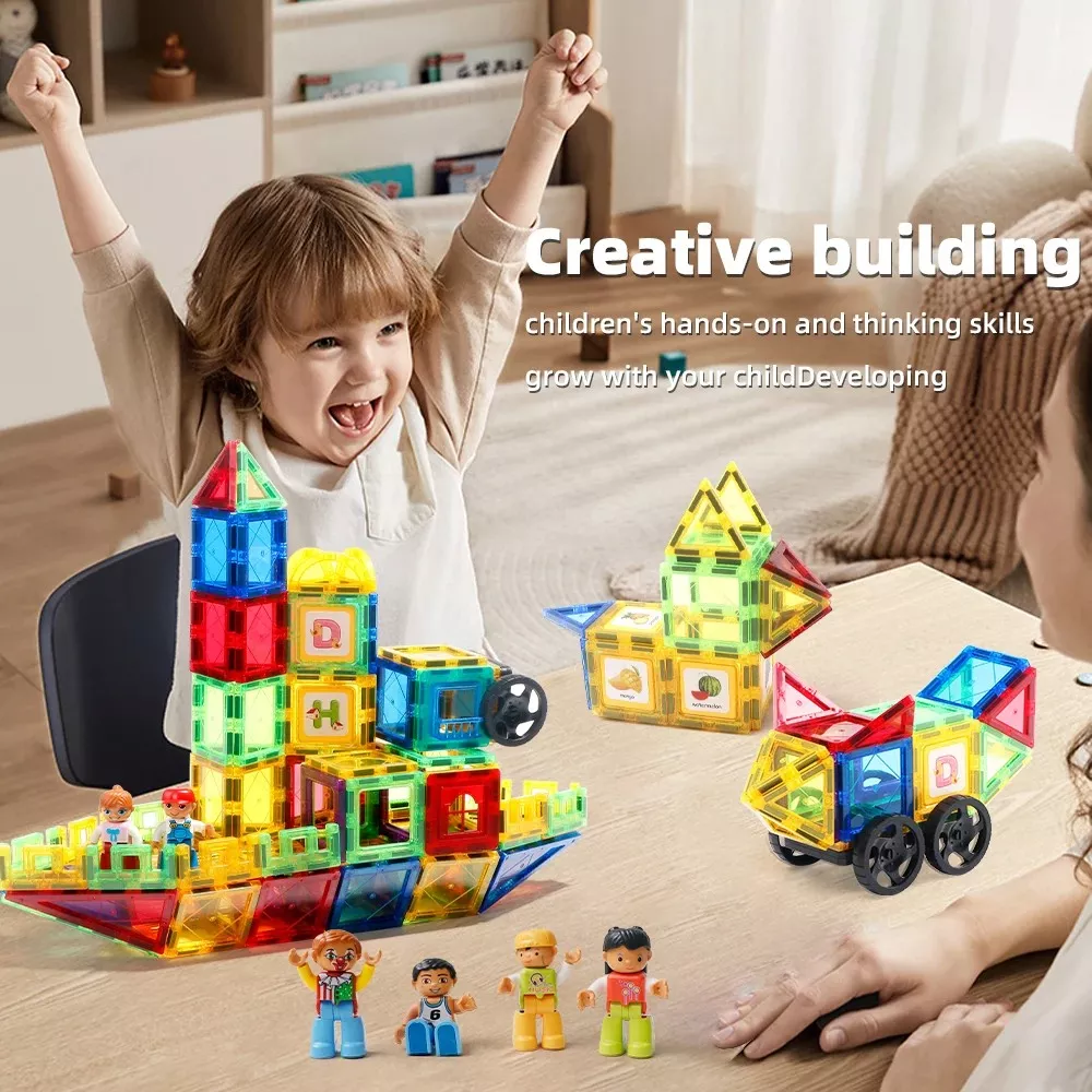 Child excitedly playing with colorful building blocks.