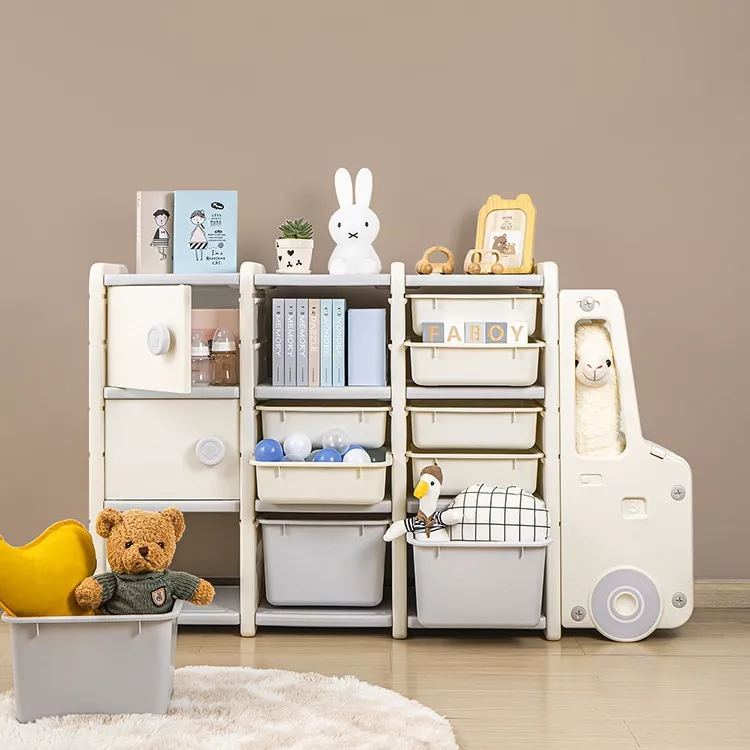 Children's storage shelves with toys and books