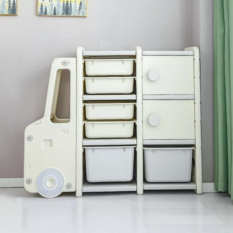 White plastic storage cabinet with multiple bins.
