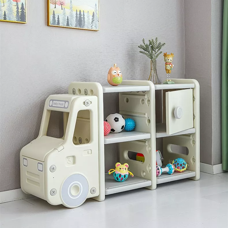 Children's toy truck shelf with toys organized.