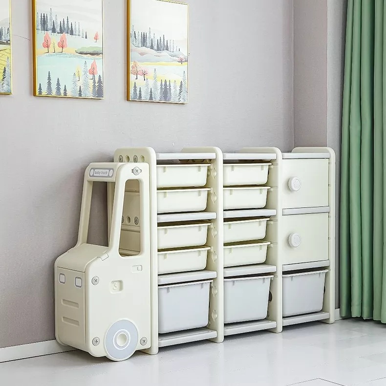 White toy truck storage organizer with shelves.