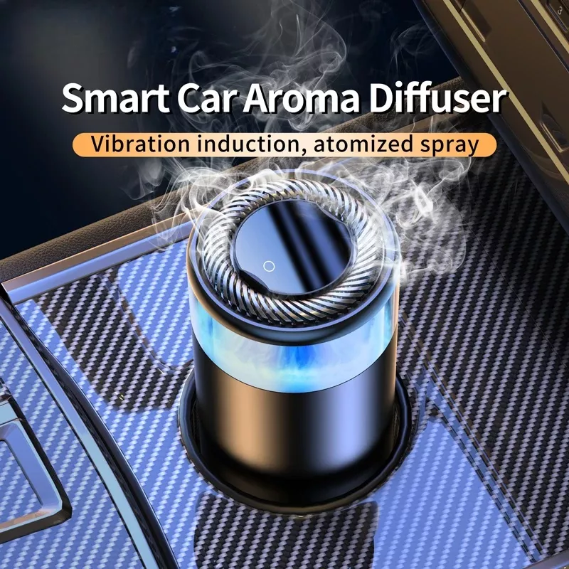 Smart car aroma diffuser with atomized spray feature.