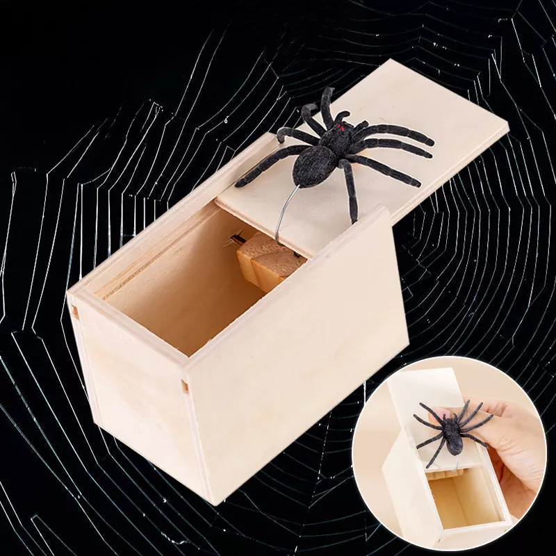 Wooden prank box with fake spider