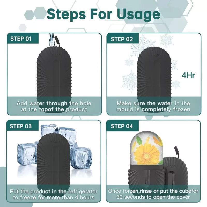 Ice mold usage steps for making flower ice cubes.