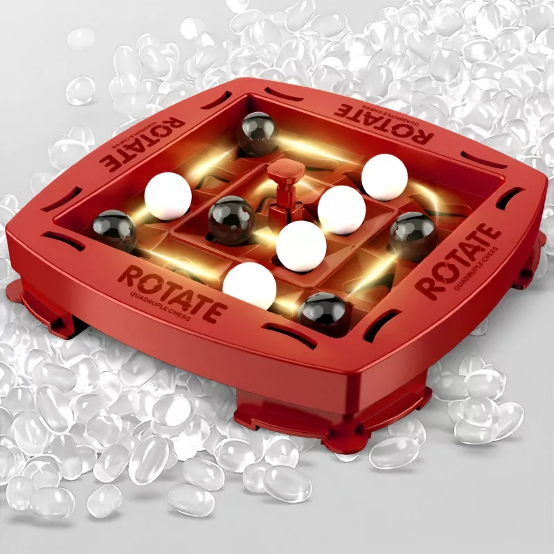 Red board game with black and white pieces.