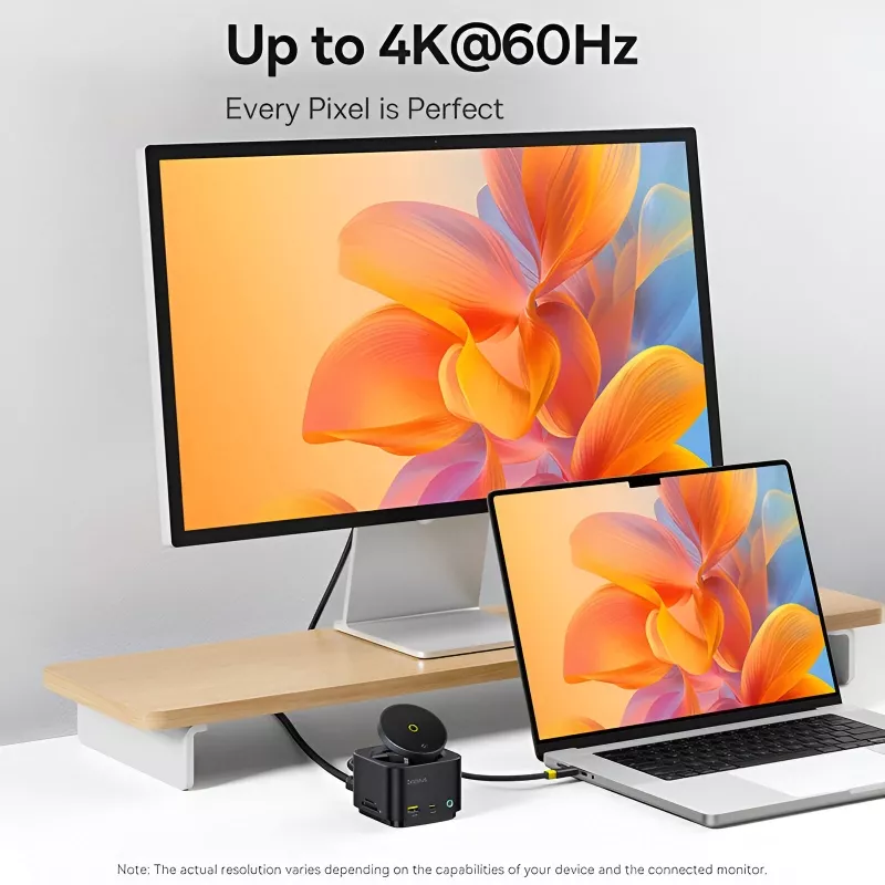 Monitor and laptop displaying colorful flower image in 4K.