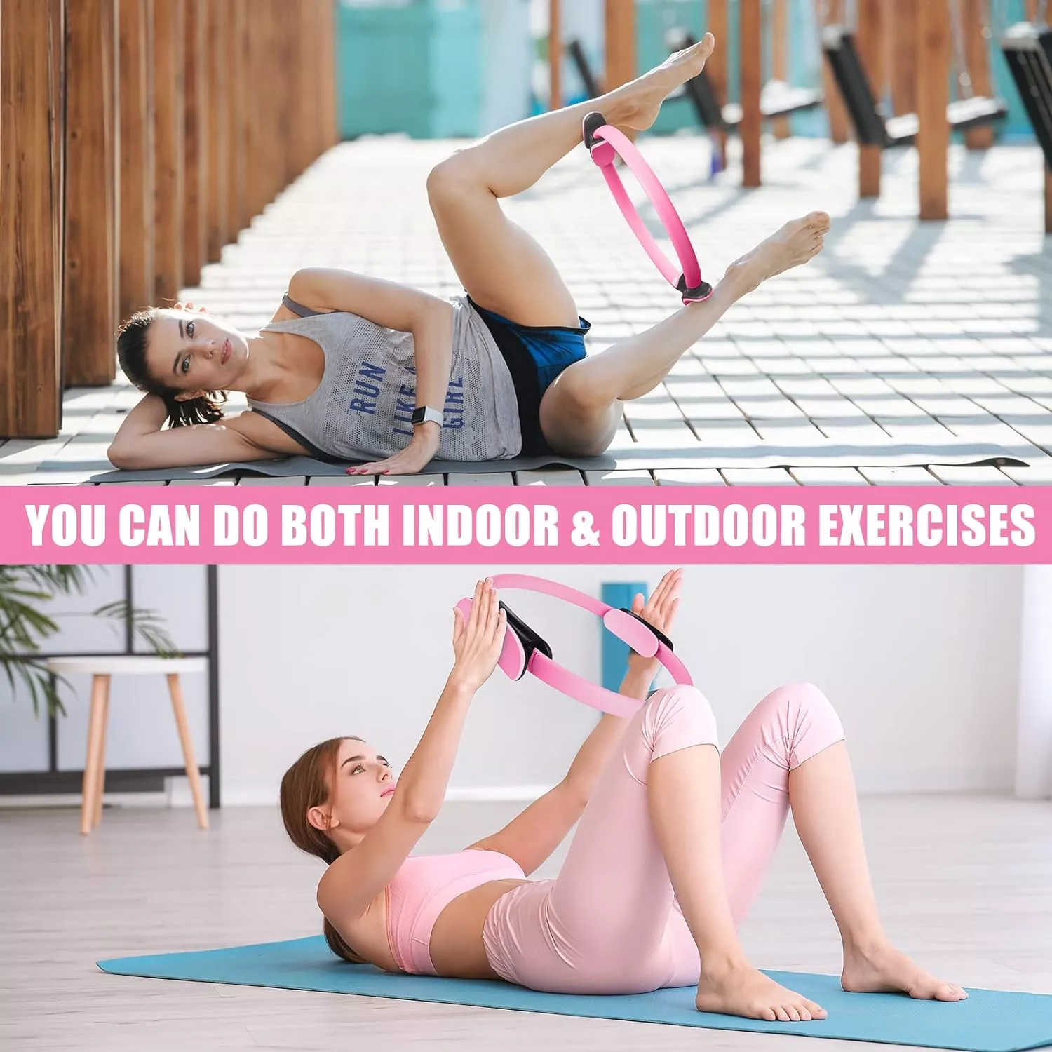 Women exercising with fitness circle indoors and outdoors.