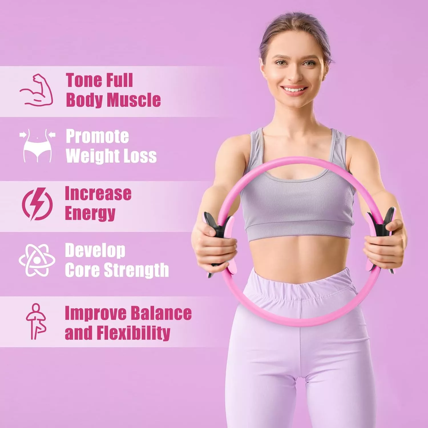 Woman with hoop, fitness benefits listed.