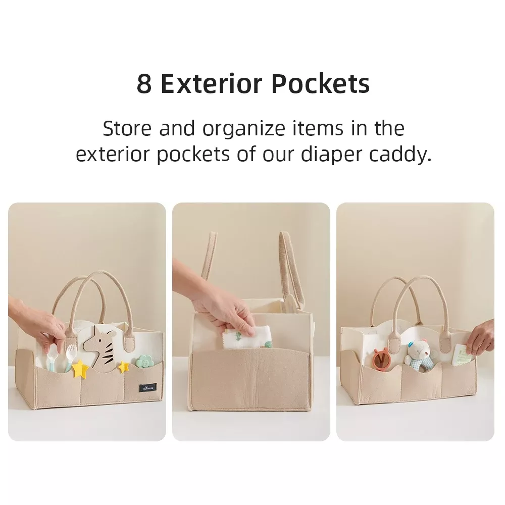 Diaper caddy with 8 exterior pockets for organization.