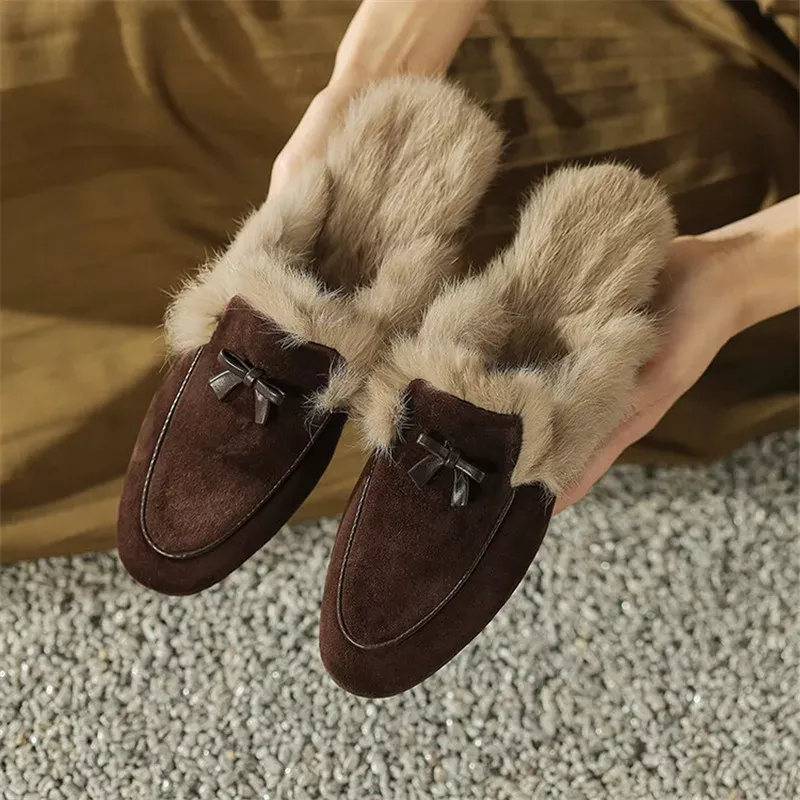 Brown faux fur lined slippers with bows